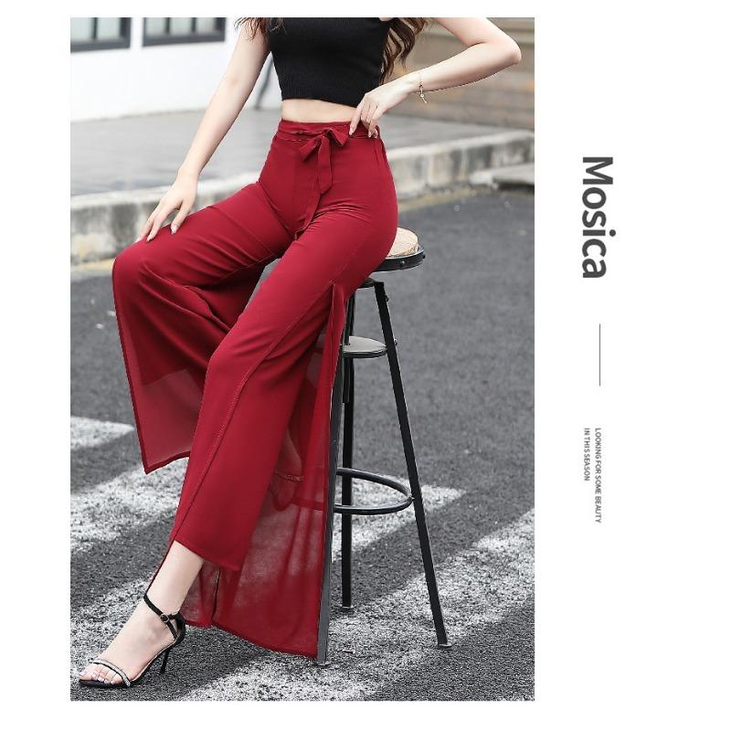 Women's Summer Chiffon Wide-leg Pants High-waist Split Culottes Drape Swing Pants Elegant Loose Double-layer Pants