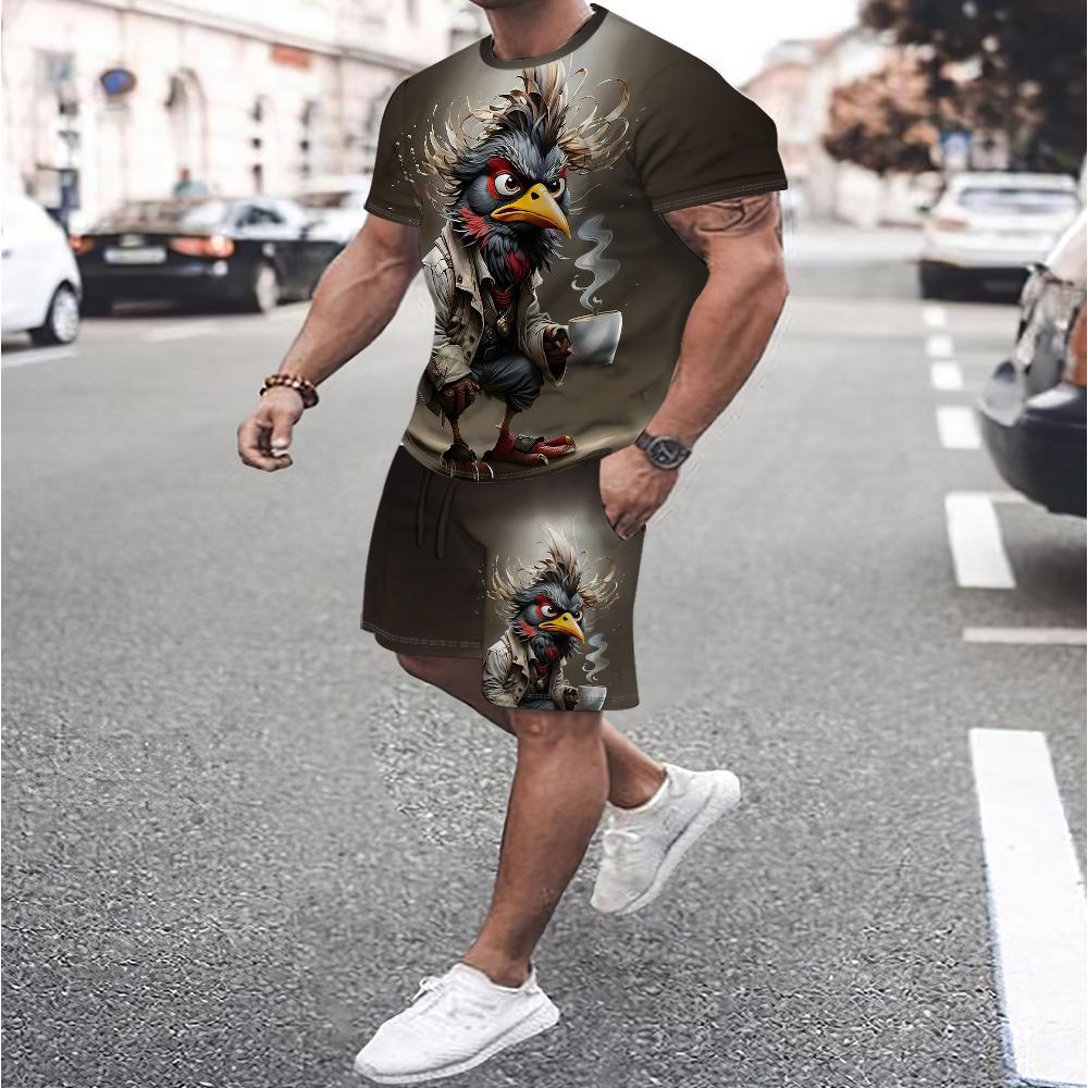 Funny Men's T-shirt Pants Set Cartoon Duck Print Summer Casual Short Sleeve Pullover T-shirts Outdoor Male Overszied Clothing