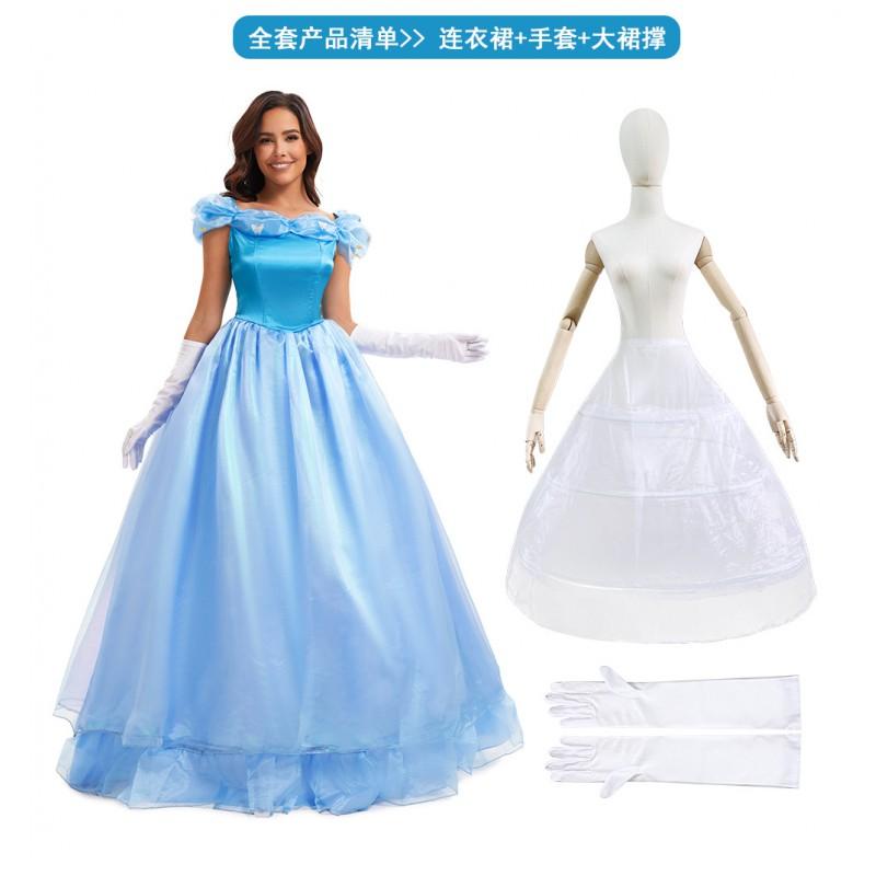 Blue Cinderella Costume Dress With Gloves Optional Hoop Skirt Stage Performance Halloween Cosplay