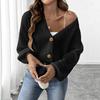 Women Simple Short V Neck Gold Button Long Sleeve Cardigan Sweater Coat