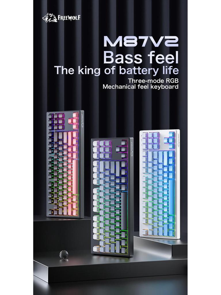 Free Wolf M87V2 Wireless RGB Mechanical Feel Keyboard with PBT Side-Printed Keycaps and Bluetooth Connectivity