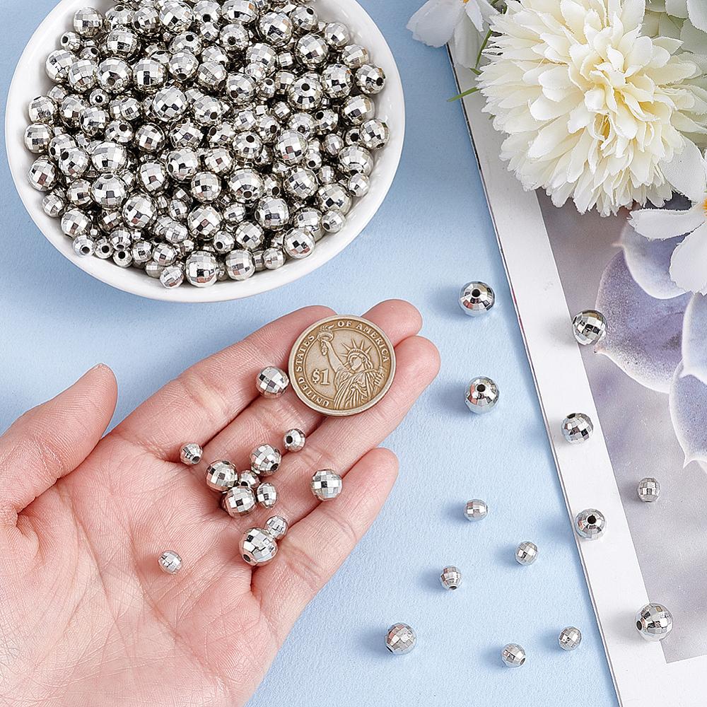 300Pcs CCB Plastic Beads, Round, Faceted, Silver, 6~10mm, Hole: 1.8~2mm