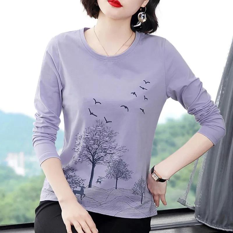 Long-sleeved Pure Cotton T-padded Women's Loose 2025 New Autumn Winter Versatile Embroidered Body Top