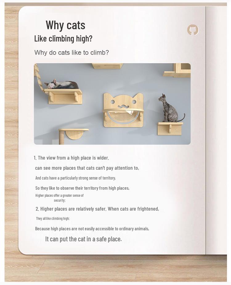 Wall-Mounted Solid Wood Cat Tree with Scratching Board and Jumping Platform