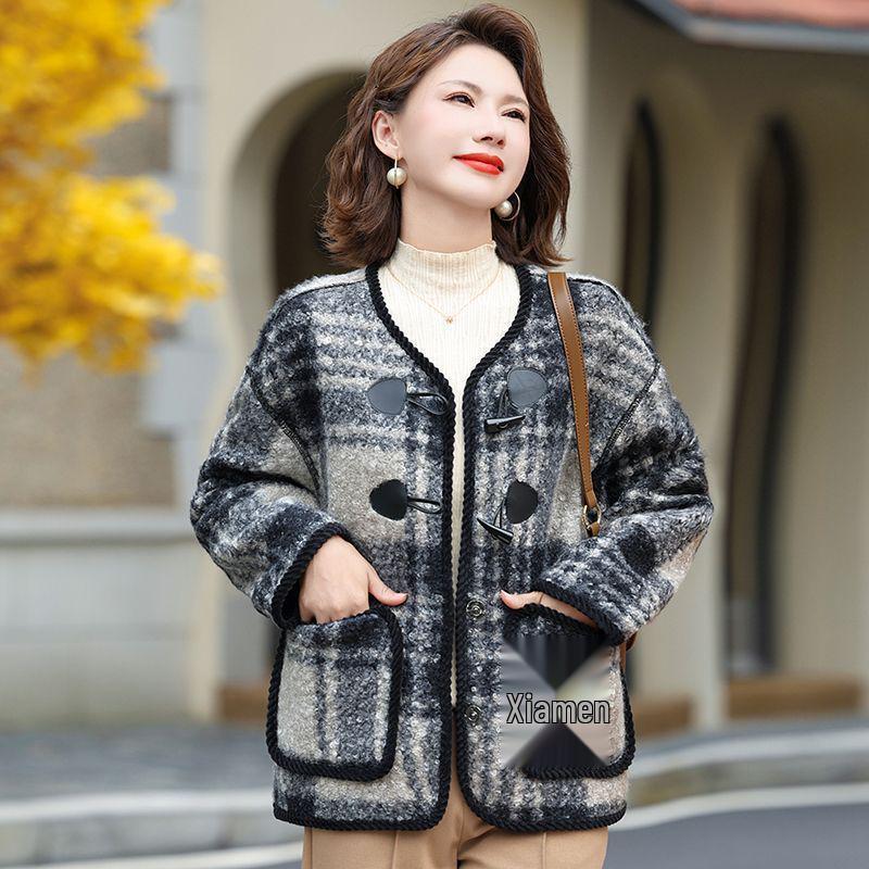 Plaid Woolen Coat for Middle-Aged & Elderly Women - Spring & Autumn Casual Cardigan
