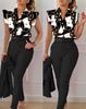 Floral Lotus Leaf Sleeve Top Solid Pants Set Women Casual 2 Piece Outfit with Belt