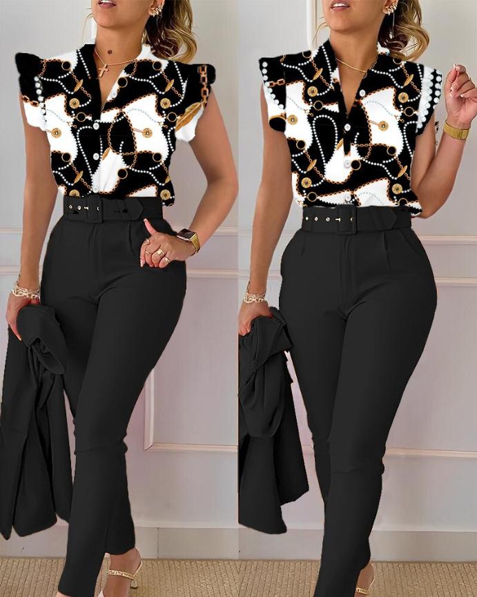 Floral Lotus Leaf Sleeve Top Solid Pants Set Women Casual 2 Piece Outfit with Belt