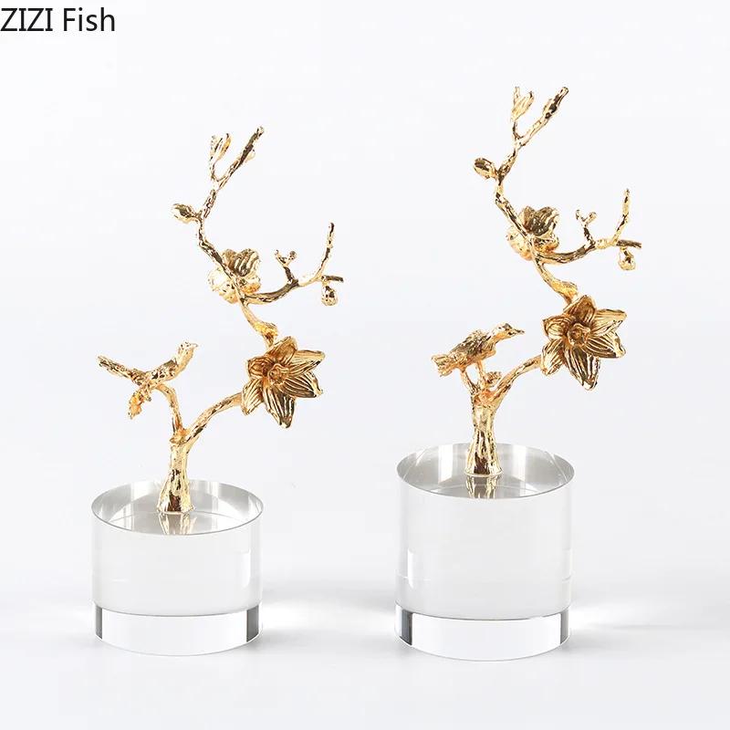 Golden Branches and Birds Ornaments Crystal Base Desk Decoration Crafts Gold-plated Flower and Bird Statue Room Aesthetic Decor