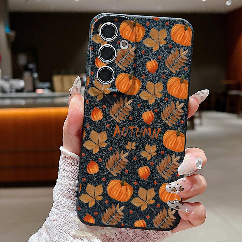 Herbst Kürbisdruck Handyhülle Für Samsung Galaxy S25 Edge S24 S25 FE S23 S22 Ultra A17 A56 A55 A54 A36 A15 A16 Silikon Ledertextur Cover