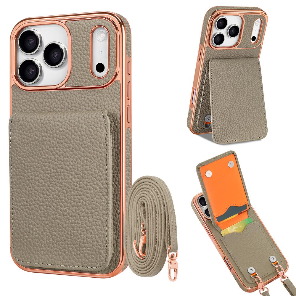 Crossbody Litchi Pattern Card Bag Hanging Rope Phone Case for iPhone 17 Pro Max 16 Plus 15 14 13 Long Lanyard Kickstand Cover