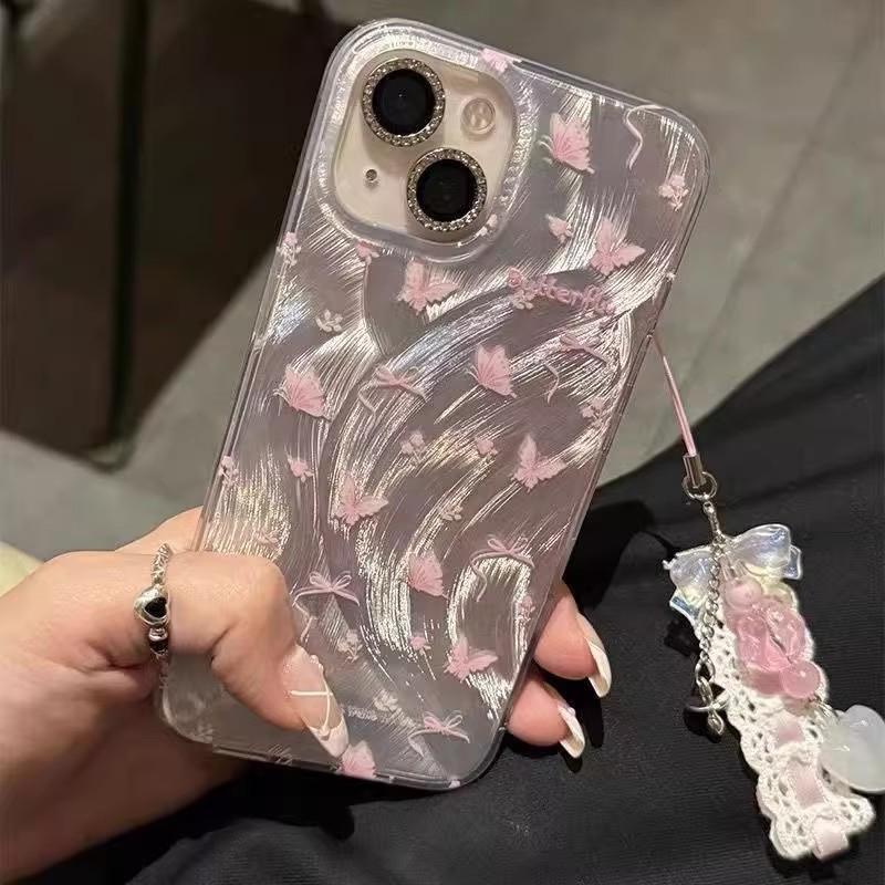 Pink butterfly feather pendant mobile phone case for iPhone17ProMax Apple 16/15/14 anti-drop soft case