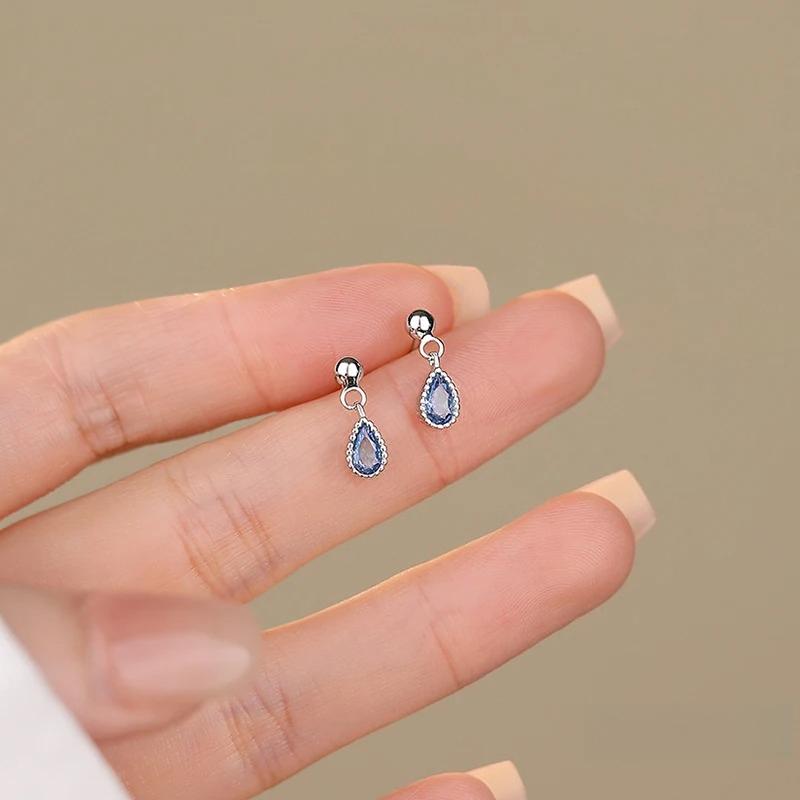 Korean Simple Fashion Waterdrop Copper Inlaid Sea Blue Zircon Earrings Silver Light Luxury Advanced Sense Versatile Stud Earring