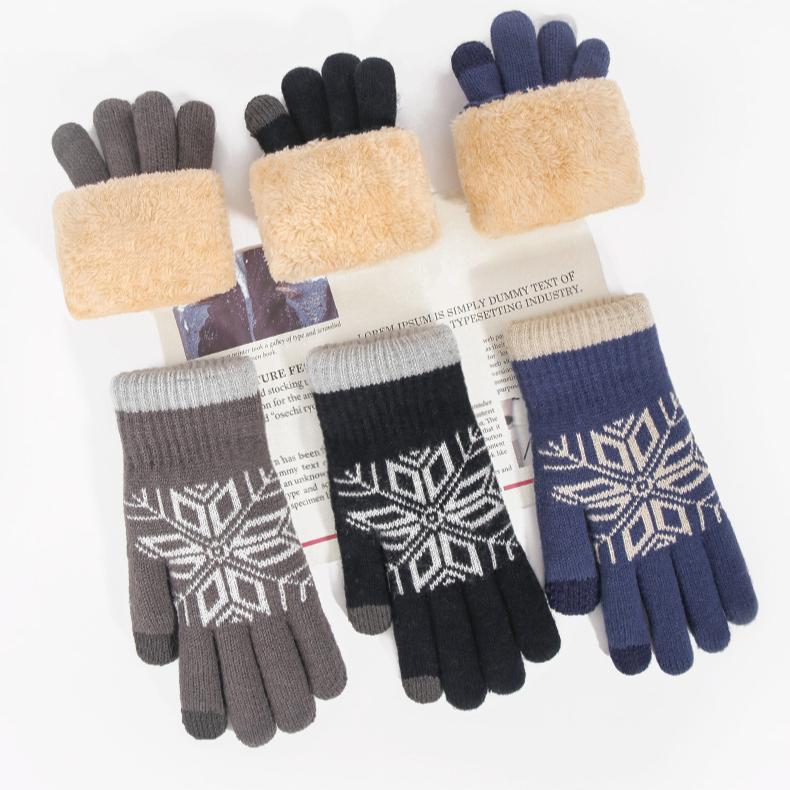 Dzianinowe rękawiczki dwuwarstwowe dla mężczyzn jesienno-zimowe ciepłe i odporne na zimno żakardowe rękawiczki do ekranów dotykowych z grubym aksamitem rękawiczki do ekranów dotykowych