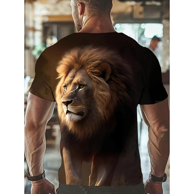 Fashion 3D Lion Face Mens Tshirt, High Quality Digital Printing Short Sleeve Tee, Comfortable Stretch Fabric Casual Summer Top, Trendy Streetwear