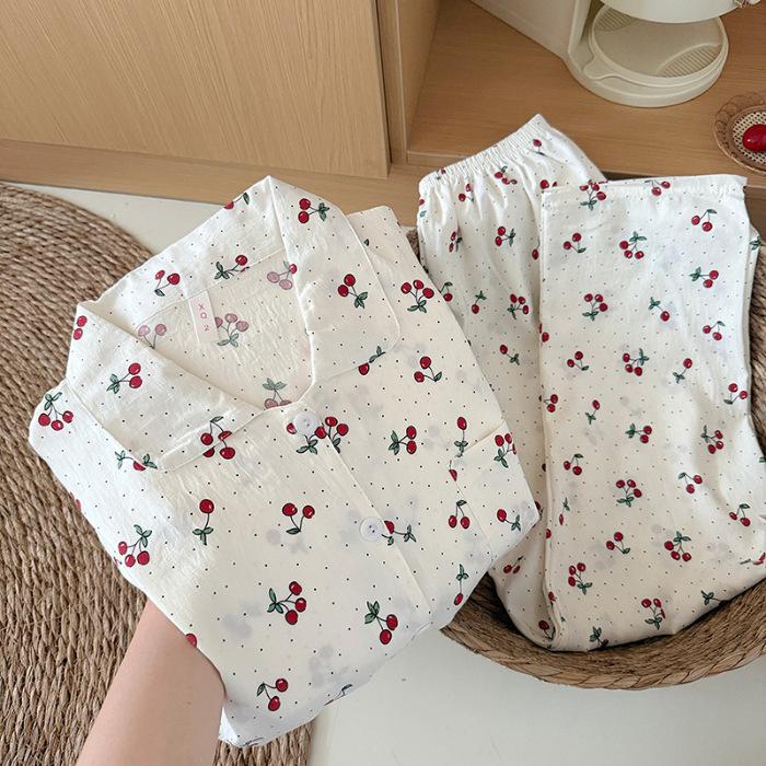 Women's Spring & Fall Cloud Cotton Pajama Set - Lightweight, Sweet Doll Collar, Long Sleeve & Pants with Prints.