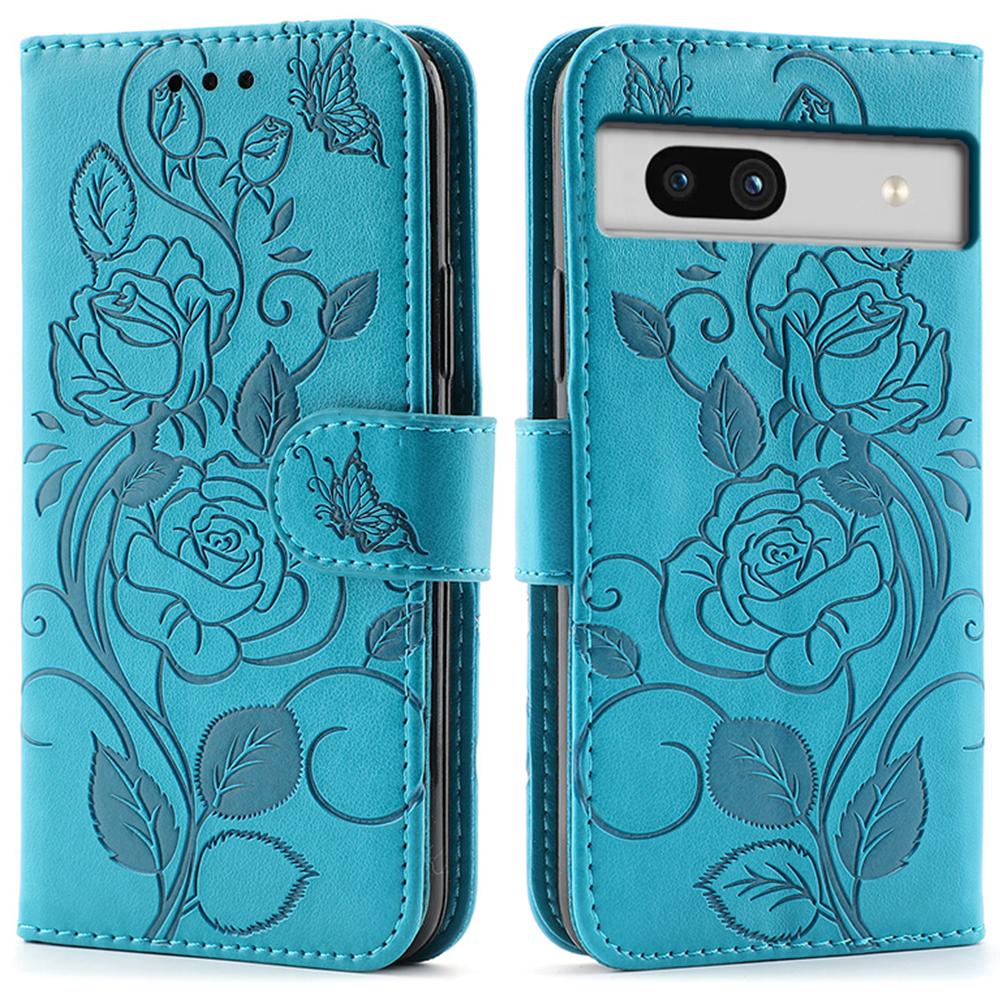For Google Pixel 7a Case Wallet Stand Imprinted Rose Butterfly PU Leather Phone Cover