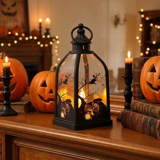 jijijing Halloween Candle Lantern, Decorative Spooky Witch Skeleton Pumpkin Tabletop Light for Haunted House, Front Porch, Gothic Home Party Decor