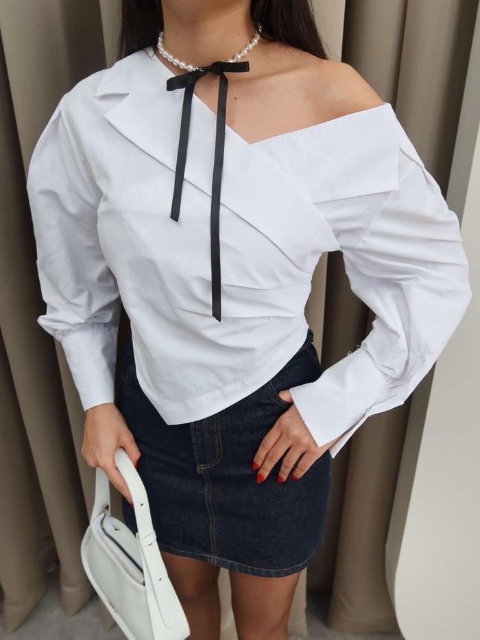 Elegant Off-the-Shoulder Waist-Cinching Solid Top: European & American Style Long-Sleeved Women s Shirt S белый