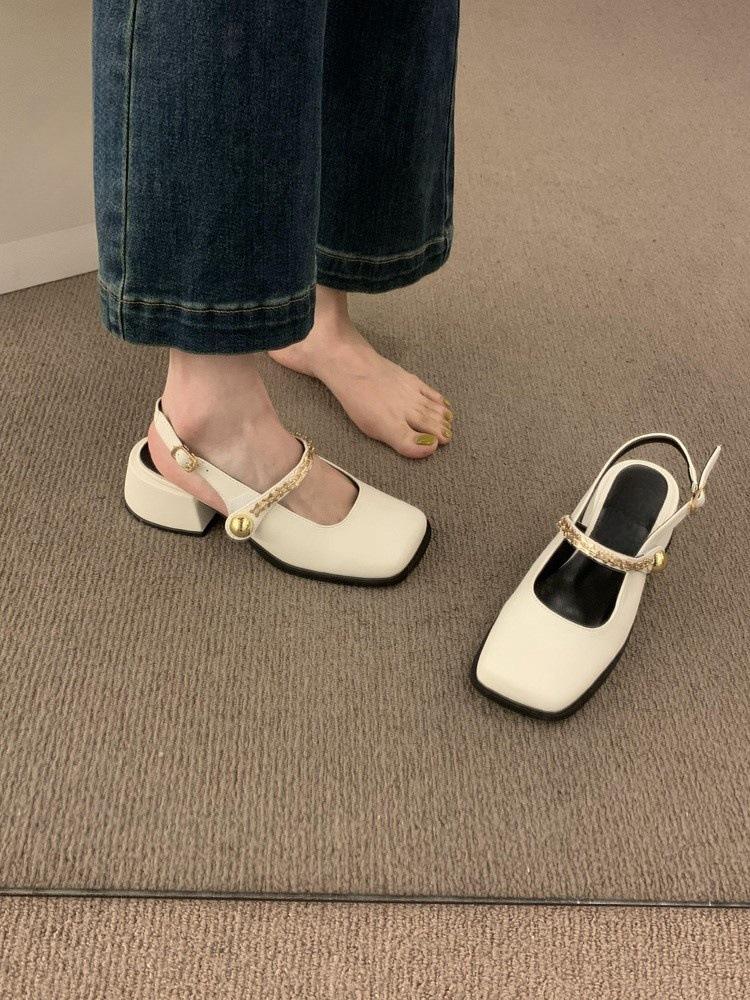 

Premium polished square head Mary Jane shoes thick heel bag head sandals women s shoes retro commuting empty single shoes 40