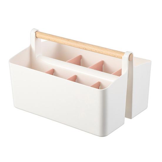 Desktop Plastic Caddy with Wooden Handle Art Supply Organizer Bin with Adjustable Dividers Makeup Basket Storage Tote for Colored Pencils Brushes