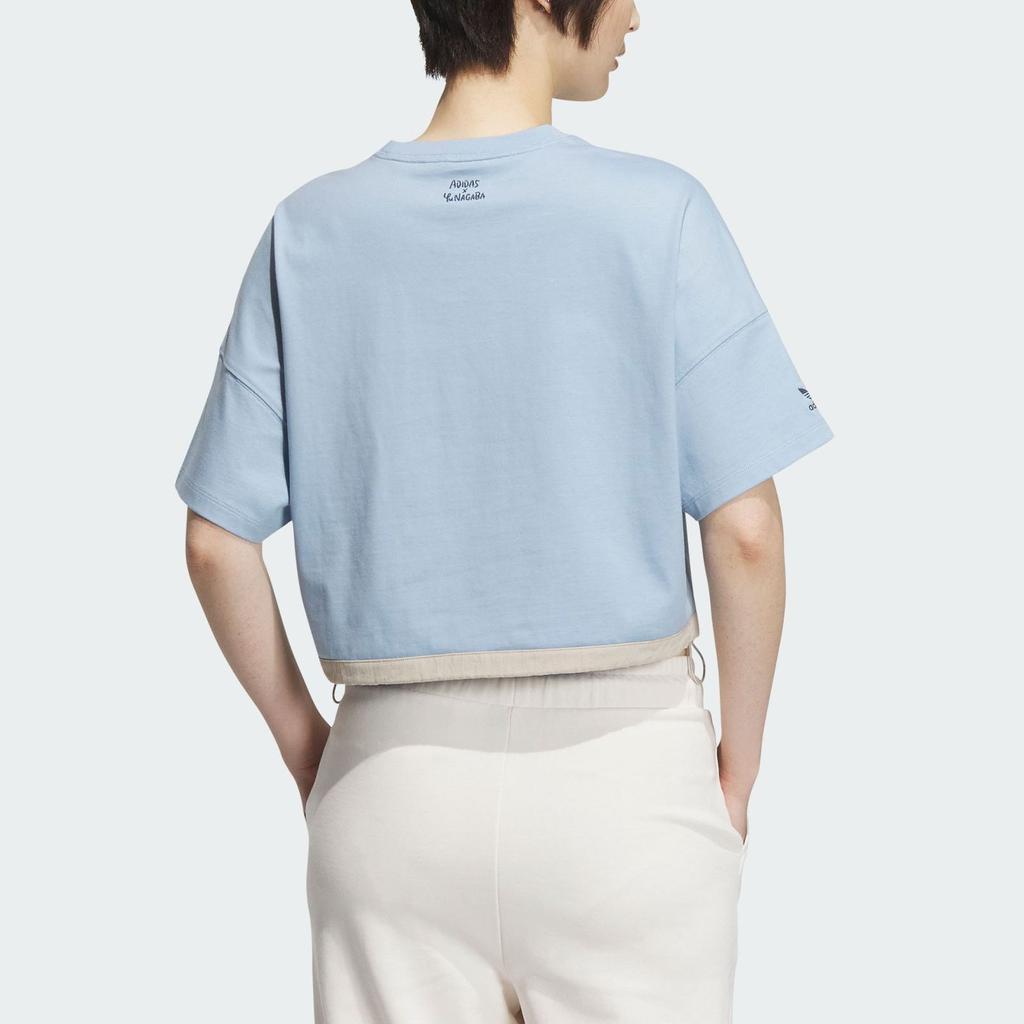 Adidas Originals X Chang Cangxiong Capsule SS23 Collection Hand-Drawn Print Drawstring Cropped Round Neck T-Shirt Women Tops Blue IS0651