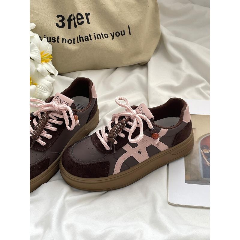 Retro color matching thick bottom beaded women's new round head lace-up fashionable versatile casual sports board