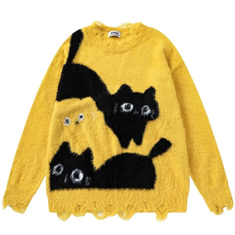 DRIPX Lustige Katzen Pullover Herren Harajuku Oversize Hip Hop Pullover Strickpullover Jumper Y2K Vintage Streetwear Pullover Unisex M gelb