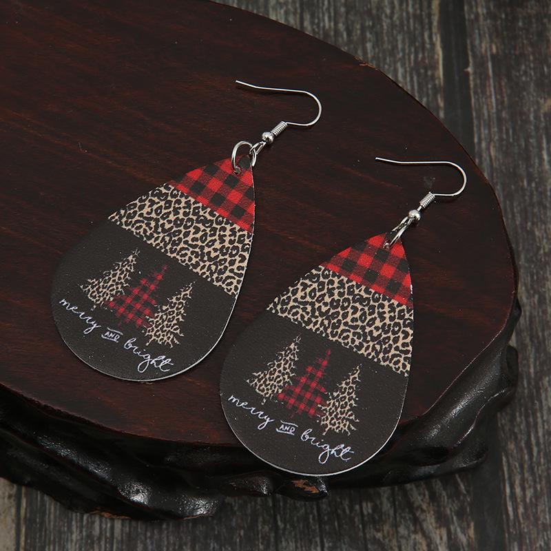 Patchwork Red Plaid & Striped Leather Christmas Tree Earrings