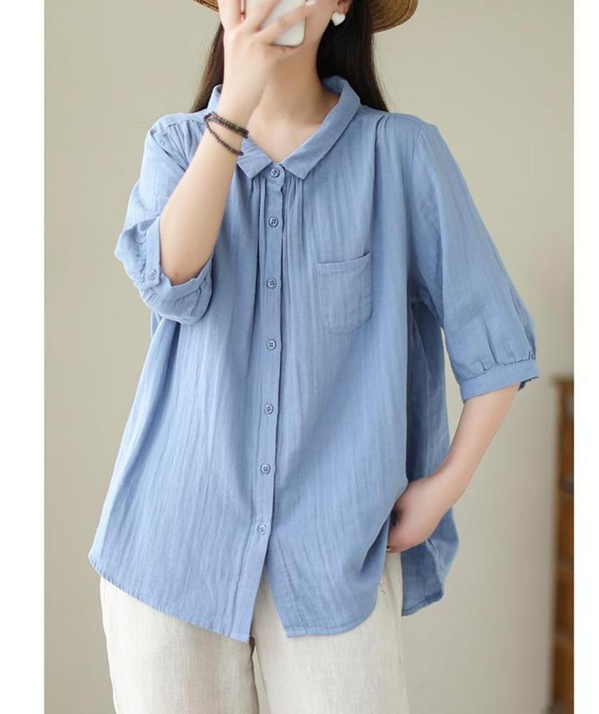 Short Loose Large Size [JHIJSC] Women's Shirt, Sleeve, Summer, Cotton, Fit, 3/4 Sleeve, Slimming, Plain, Stylish, (JP, Alphabet, L, Green)