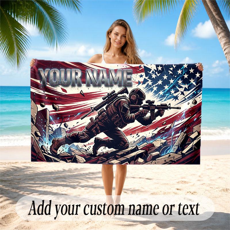American Patriotic Theme Soft Beach Towel Personalized Custom Name Text Towel Portable for Beach Pool Travel