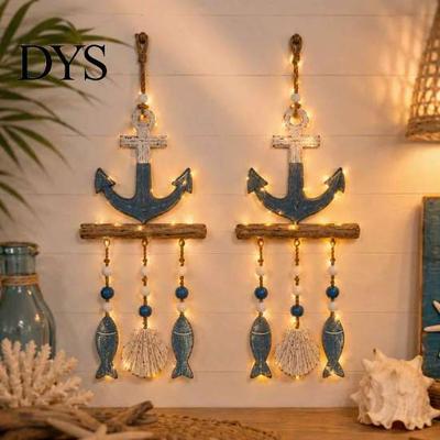 Jute Rope Wall Hanging Lighted Coastal Wooden Ornament, Nautical Fish Shell Starfish Sign with Handmade Beach Vibe Art Warm LED Lights, House