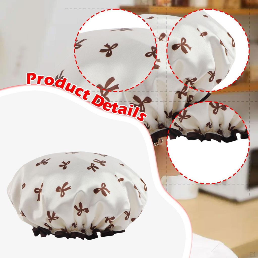 Double Layer Satin PVC Waterproof Reusable Shower Cap with Bow for Women Suitable Shower, Bath,