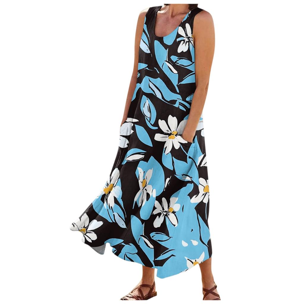 Women's Fashion Summer Casual Sleeveless Floral Printed Small Pocket Dresses