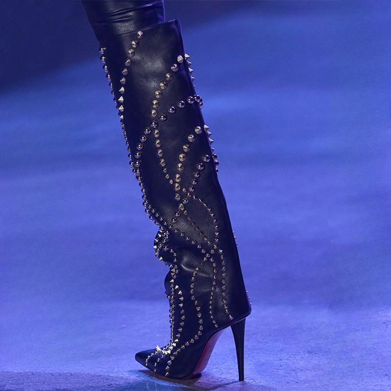 Modemarke Ganzmetallnieten Dekoration Laufsteg Lange Stiefel Damen Wildleder Schlanker Hoher Absatz Spitz Glänzend Mittellange Stiefel Größe 34-43