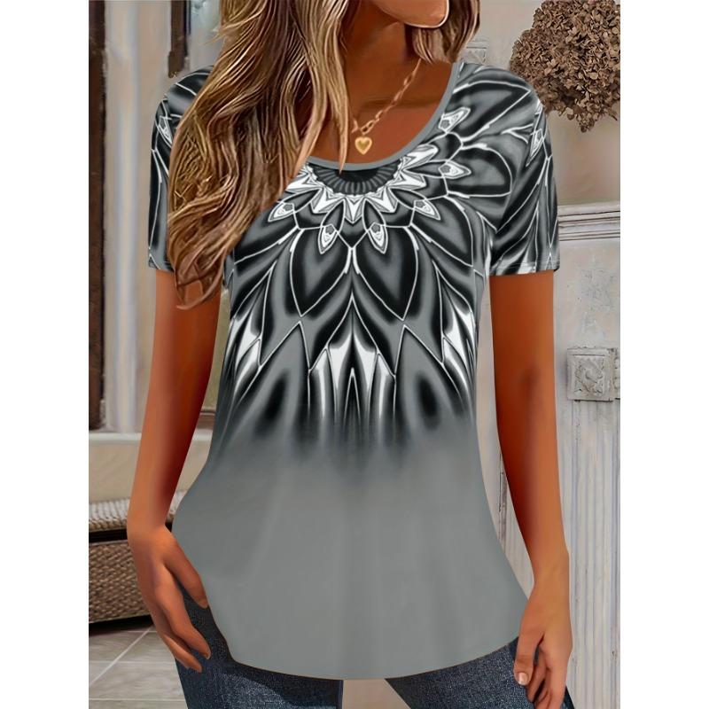 Summer women's fashion gradient printed short sleeved T-shirt round neck loose casual T-shirt top women's clothing