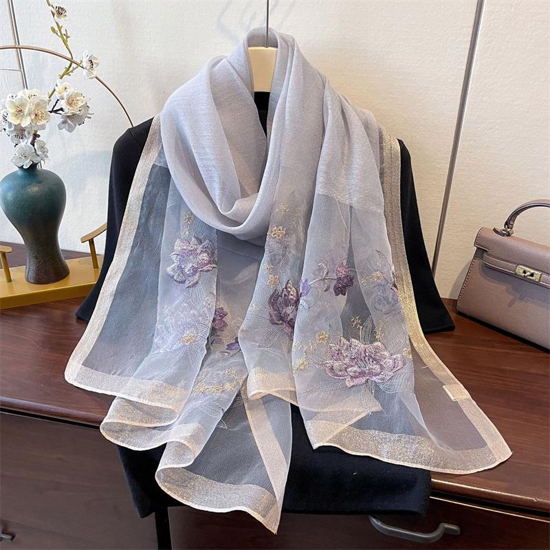 Elegant Long Embroidered Silk Feeling Scarf Women'S Fashion Spring New Style Shawl Wrap Outerwear Trendy Floral Pattern Stylish