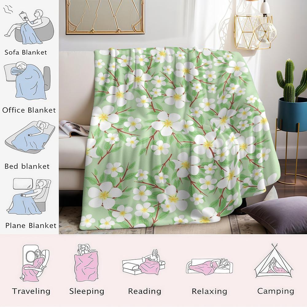 Pale Green Blossom Twig Flannel Blanket Warm Soft Halloween Christmas Couch Warm Cozy Decorative Decor Gift for All Season