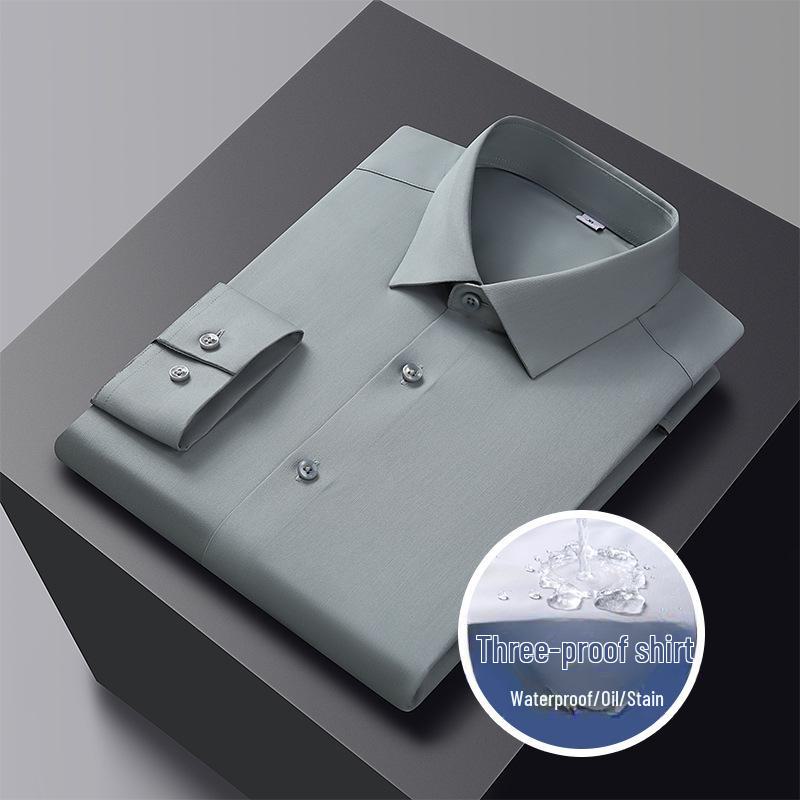 Men's Solid Color Three-Proof High-End Stretch Shirt - Non-Iron, Long Sleeve, Professional Formal Wear, Spring Collection.