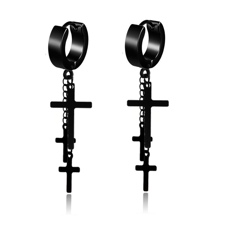 WKOUD 2PCS Stainless Steel No Piercing Cross For Men Kpop Clip On Cross Earring Gothic Punk Fake Ear Cuff Cross Earring Dangle