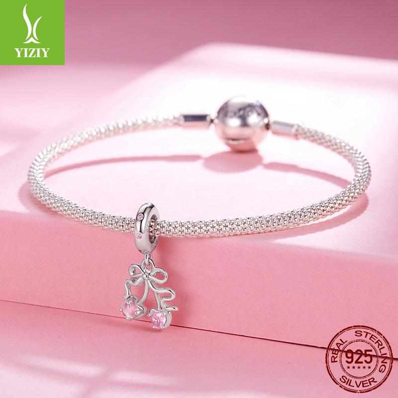 S925 Sterling Silver Pink Cherry Pendant Jewelry Accessories Sweet And Cute Bow Diy Beads