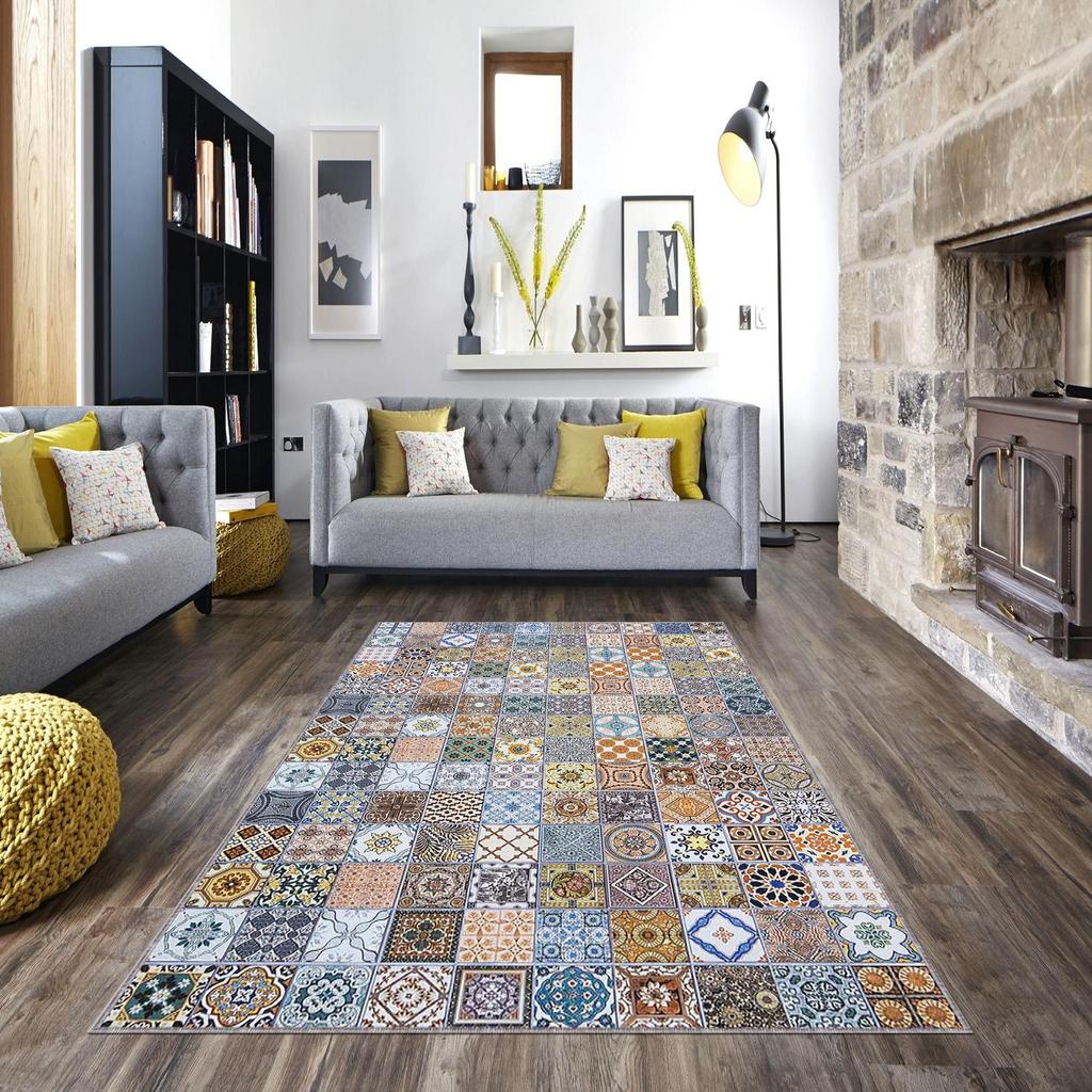 Vzorovaný koberec s modrými dlaždicemi - protiskluzový koberec, turecký koberec, tradiční měkký koberec