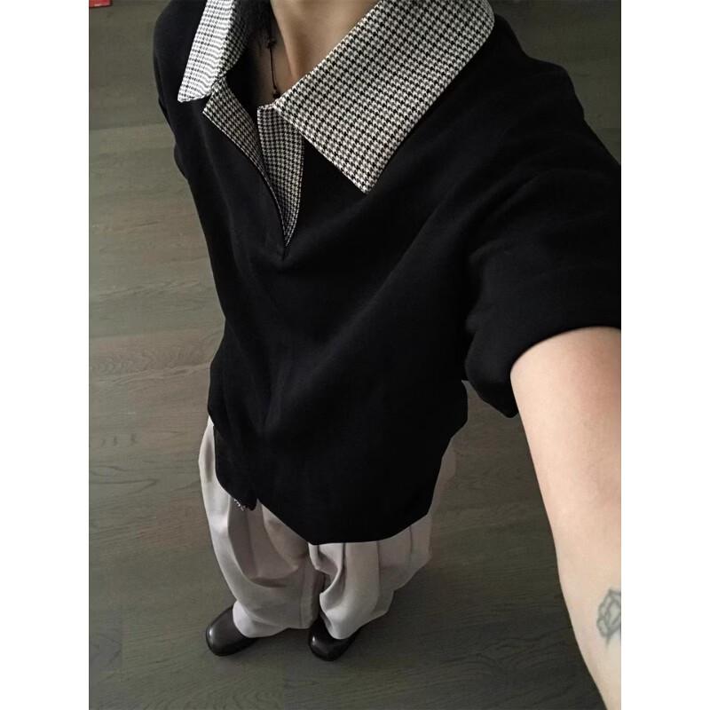 Men s American Style Houndstooth Patchwork Polo Shirt 2XL