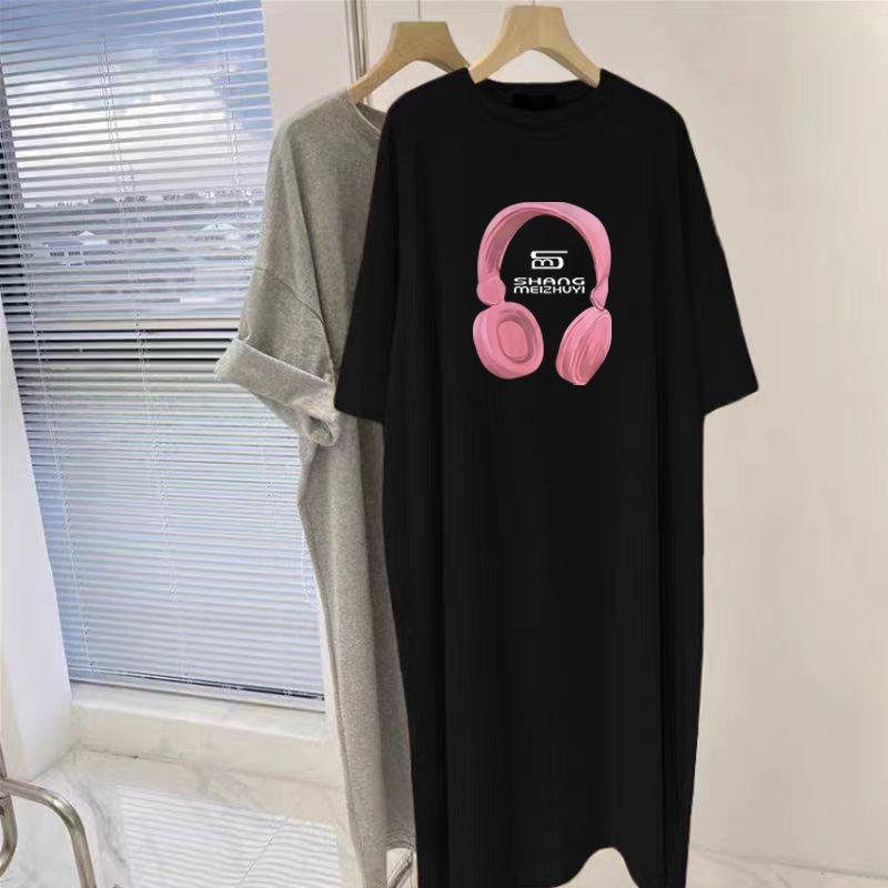 

Платье средней длины и длинное до колена из чистого хлопка черного цвета с коротким рукавом для женского лета, новый зарубежный стиль, свободная футболка-юбка с разрезом XL