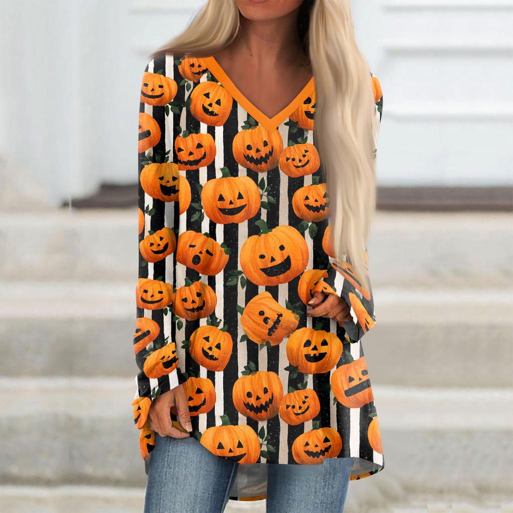 Women's Long Sleeve V-Neck Tunic T-Shirt with Halloween Print for Casual Fall Outings