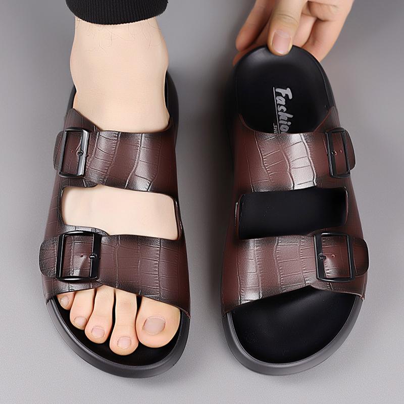 Fashion Summer Men Thick Bottom Slippers Leather High-quality Comfort Home Beach Vacation Slippers Casual Outdoor Breathable Beach Shoes