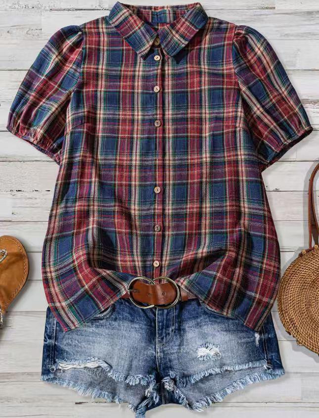 

2025 Summer Plaid Lapel Puff Sleeve Casual Shirt (Short Sleeve, Loose Fit) Extra Large