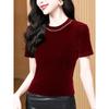 New Style, Versatile and Elegant Round Neck, Beaded Short-sleeved Velvet Inside and Outside Wearing T-shirt Base Shirt