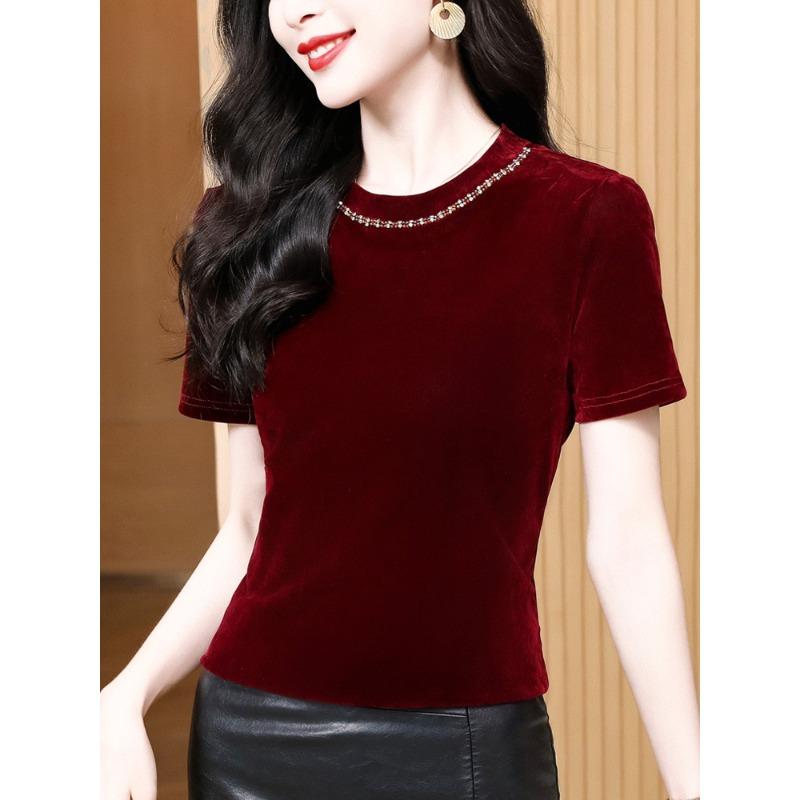 New Style, Versatile and Elegant Round Neck, Beaded Short-sleeved Velvet Inside and Outside Wearing T-shirt Base Shirt