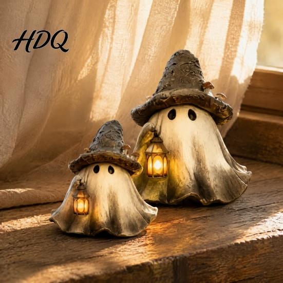 Decorative Lantern for Haunted House Halloween Ghost Wizard Hat Resin Figurine with LED Lantern Vintage Witch Collectible Gothic Home Ornaments