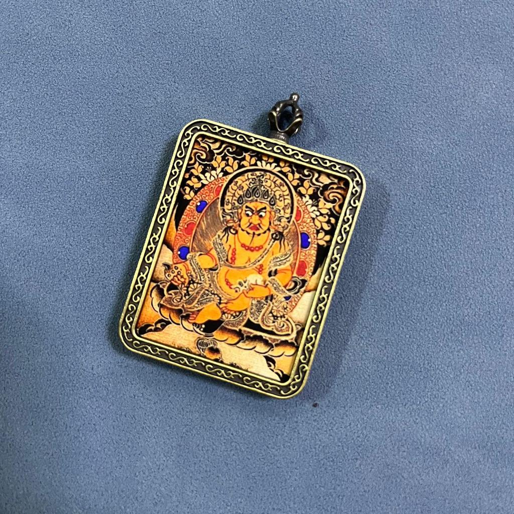 Yellow Jambhala Hand-Painted Thangka Pendant - Artistic Wealth-Attracting Souvenir